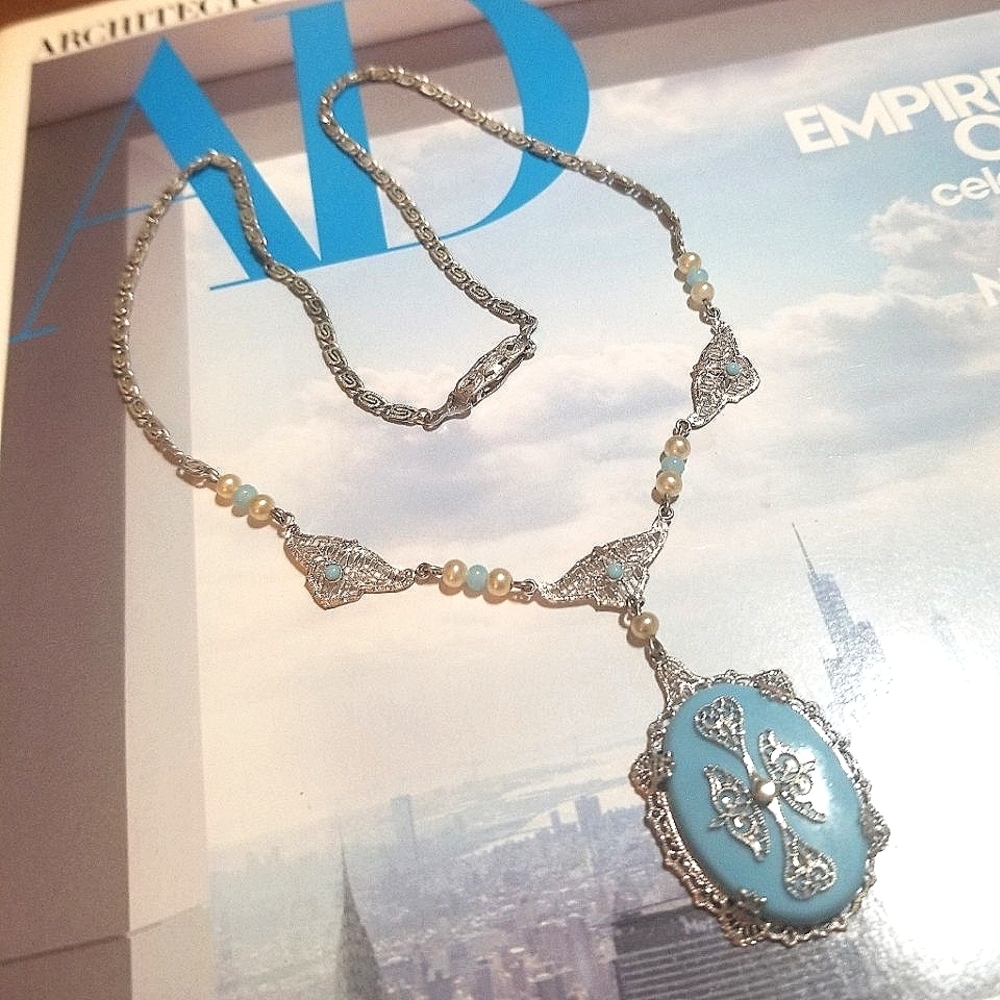 Art Deco 1920s Filigree Czech Glass Necklace